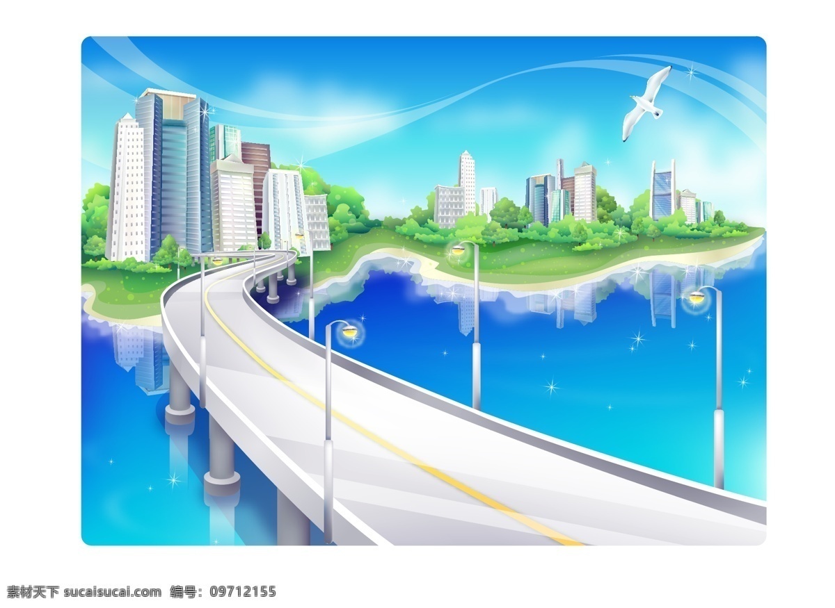 海岛上的城市 建筑 公路 湖水 海鸥 树 桥 自然景观 建筑景观 矢量图库