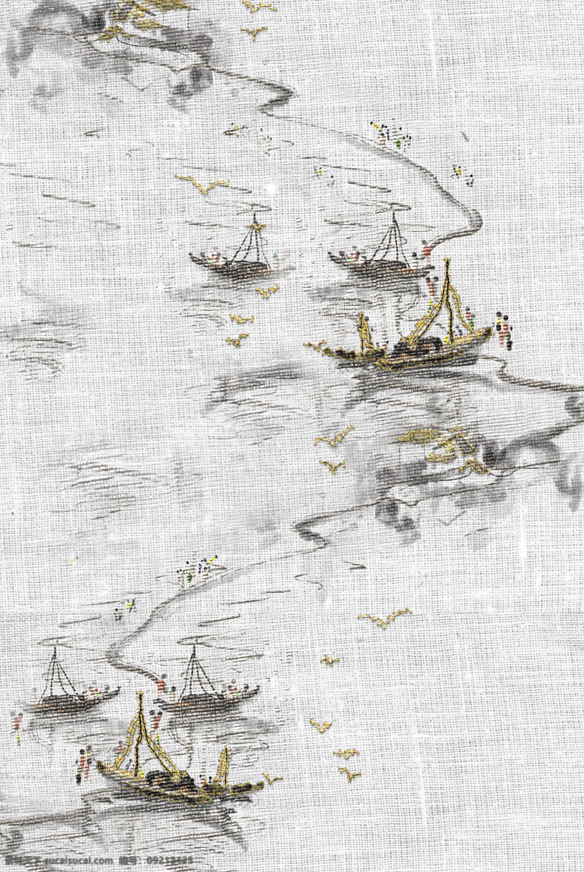山水 复古 刺绣 效果 背景 海报 素材图片 古风背景