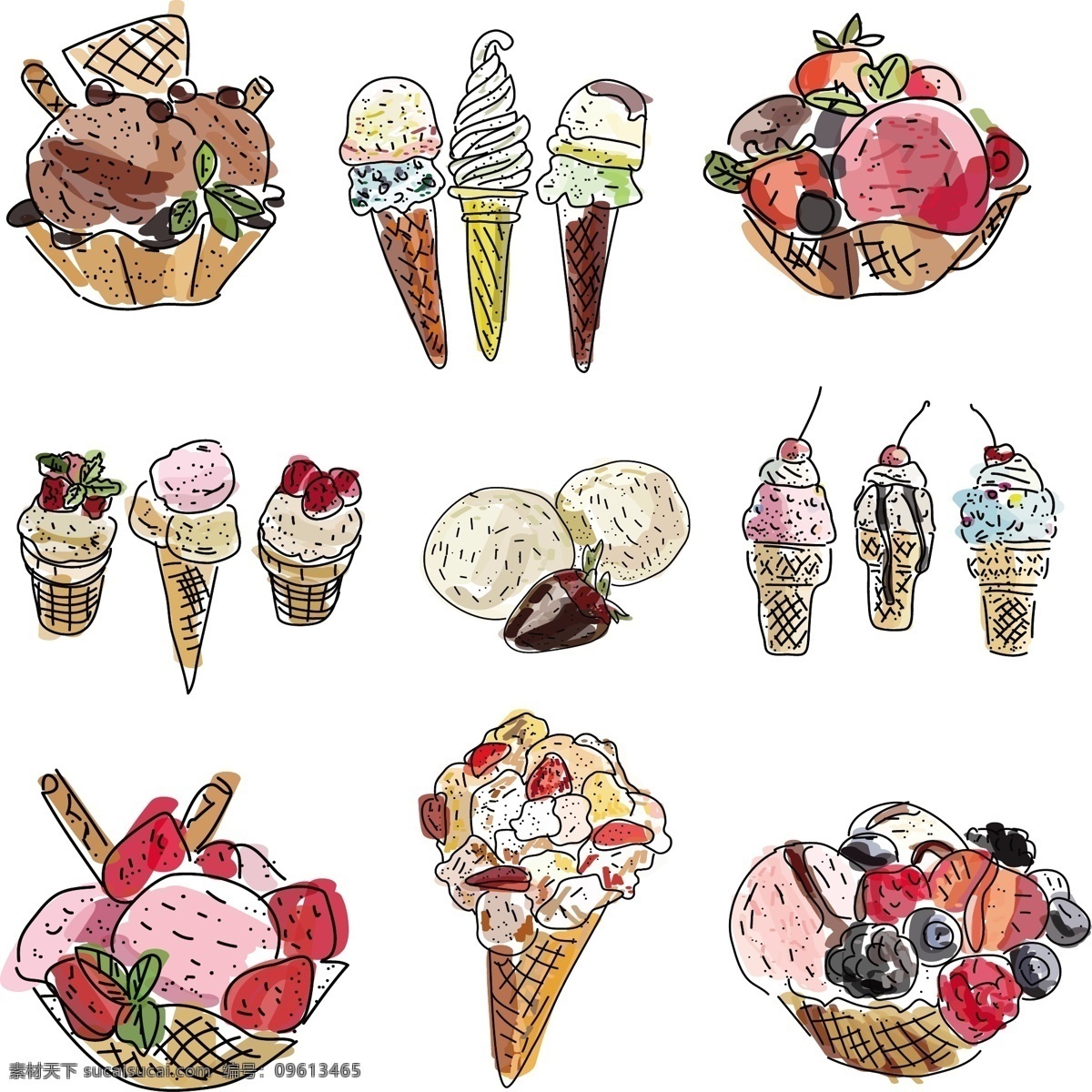 手绘 美味 冰淇淋 插画 甜品 水彩绘 水果