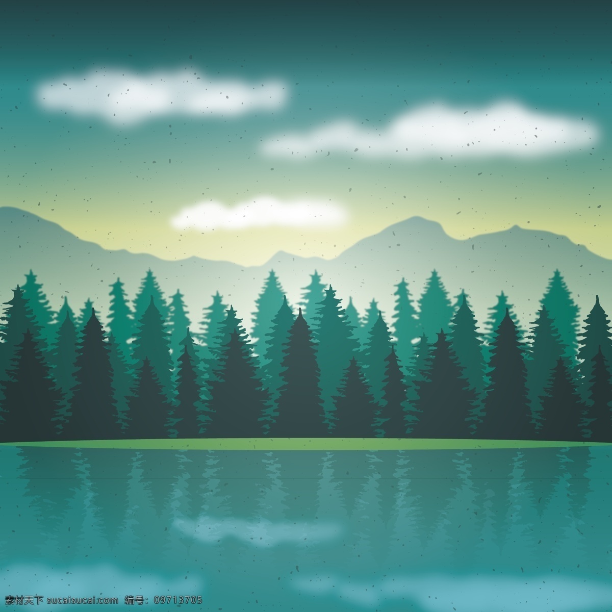 卡通 插画 山水 丛林 远山 白云 背景 背景素材 矢量 夏天主题