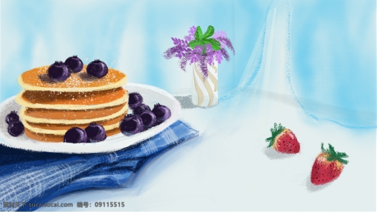 早安 世界 小 清新 早餐 插画 小清新 美食 草莓 蓝色 早安世界 蓝莓 花