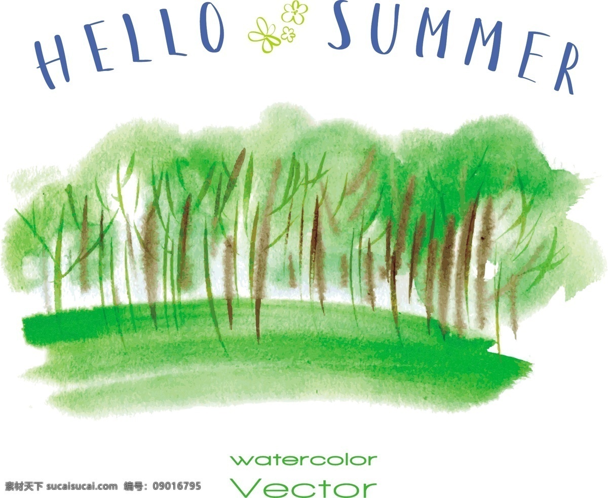 你好 夏天 水彩 风格 花 树 水彩画 手 自然 绘画 手绘 节日 假期 水彩花 画 白色
