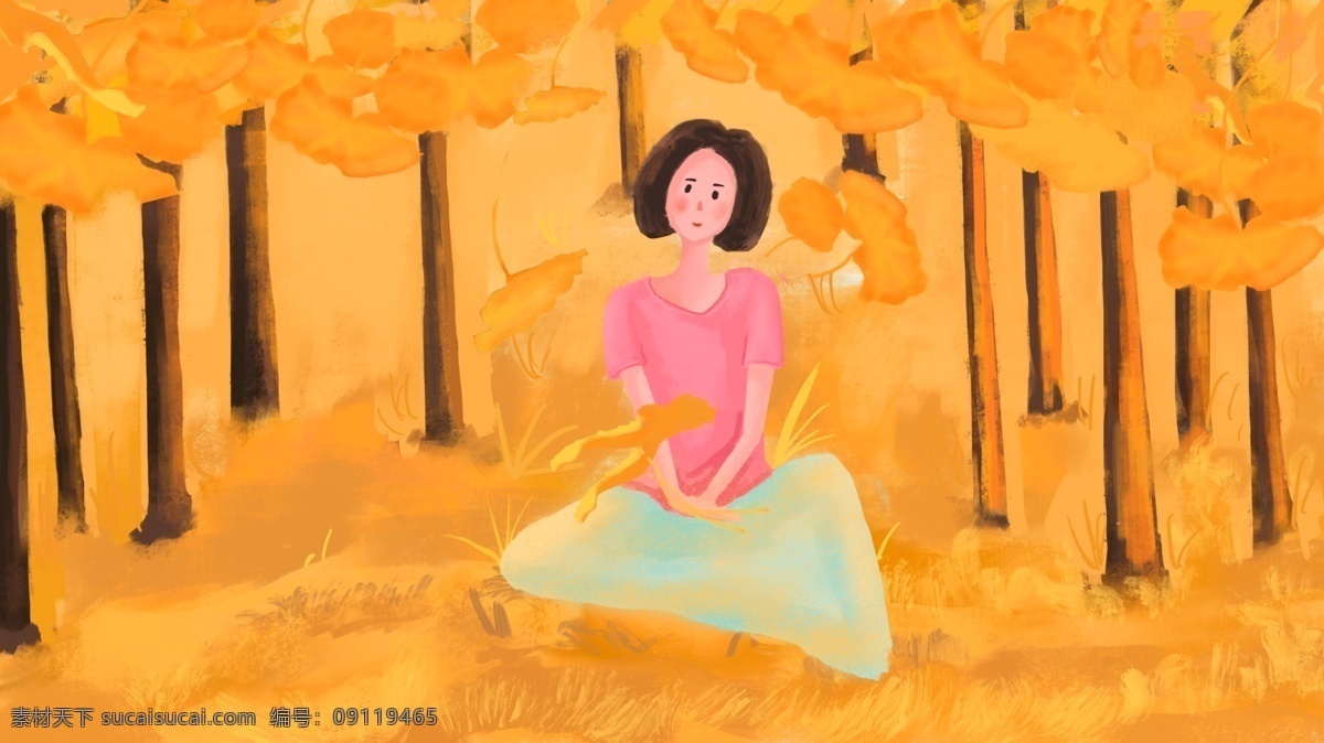 坐在 草地 上 女孩 黄色 树叶 卡通 秋天 风景 人物 树林