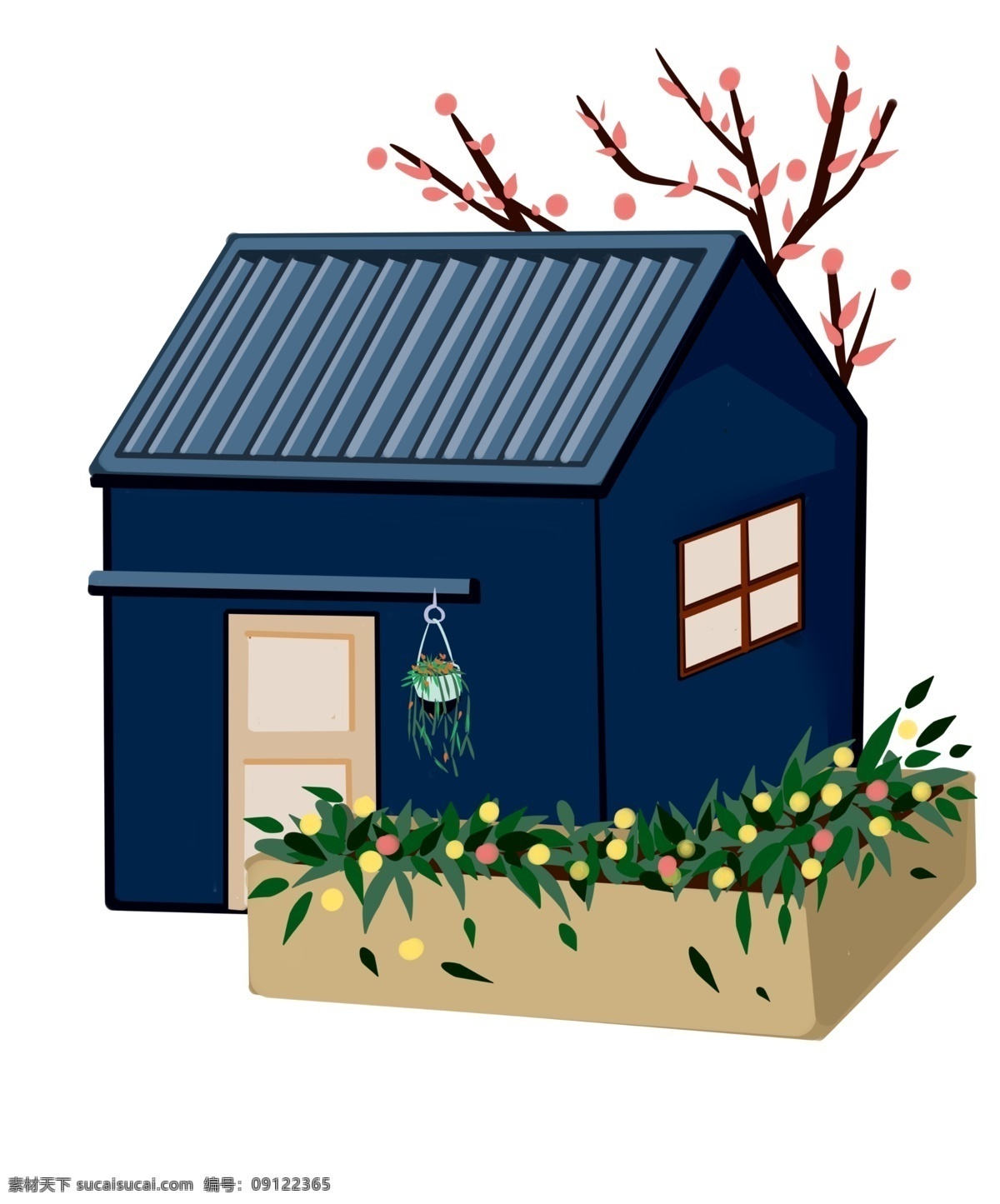 花朵 建筑 房子 插画 粉色的花朵 卡通插画 建筑插画 房子插画 高大的建筑 漂亮的房子 蓝色的房子