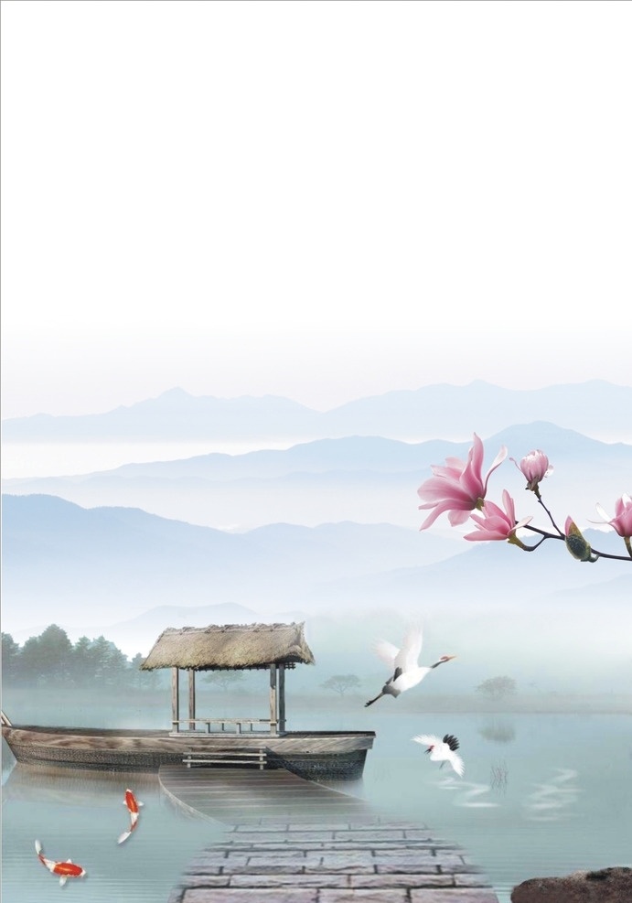 中国风山水 云山 湖水 小舟 白鹤 旱莲 烟雾 文化艺术