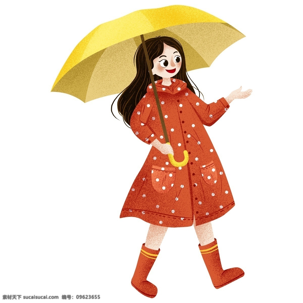 手绘 二十四节气 雨水 撑伞 女孩 元素 黄色雨伞 穿红衣的女孩 装饰图案 设计元素 卡通元素
