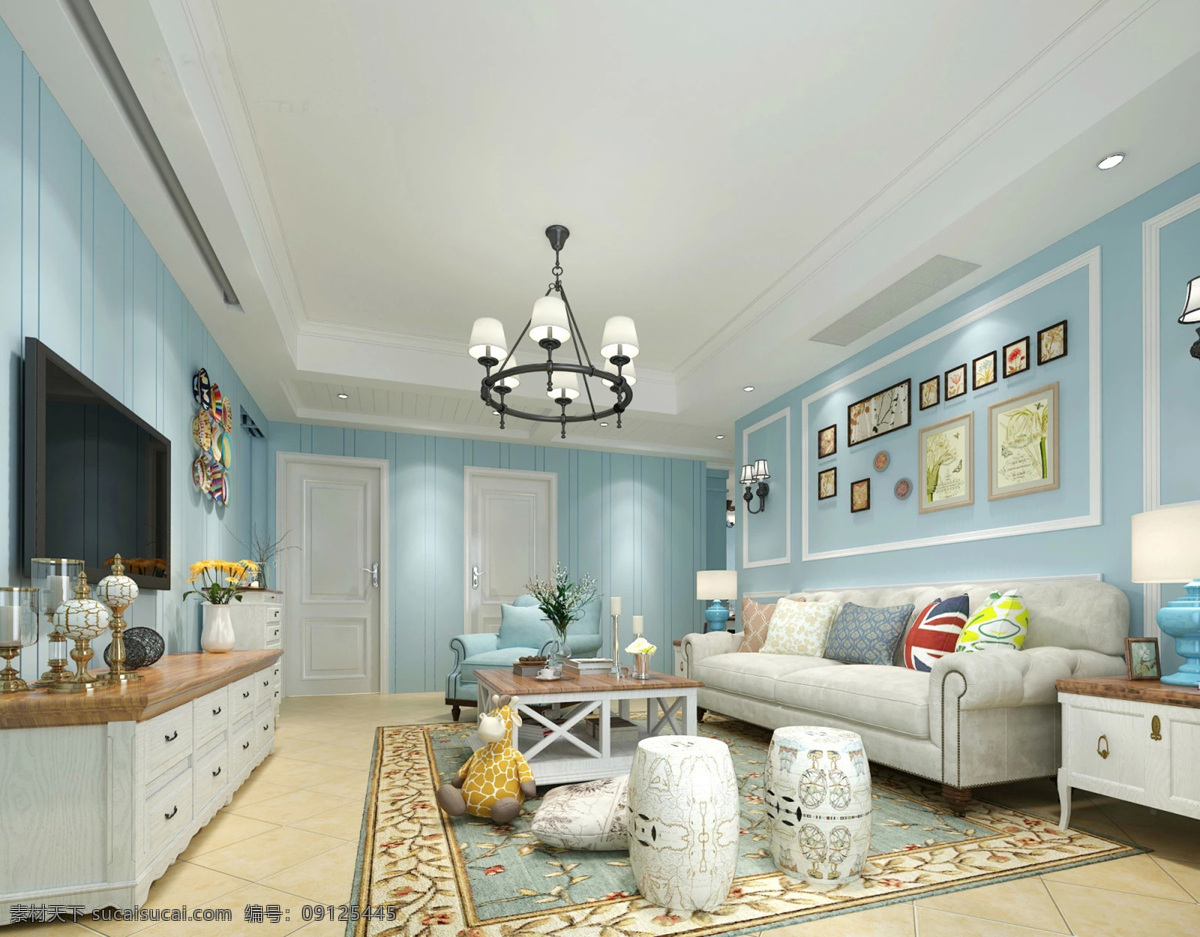 欧式 地中海 风格 效果图 室内 客厅 美式 蓝色 现代 简约 吊顶 电视墙 背景墙 模型 地板 瓷砖 室内设计 家装 大理石 3d设计 3d作品