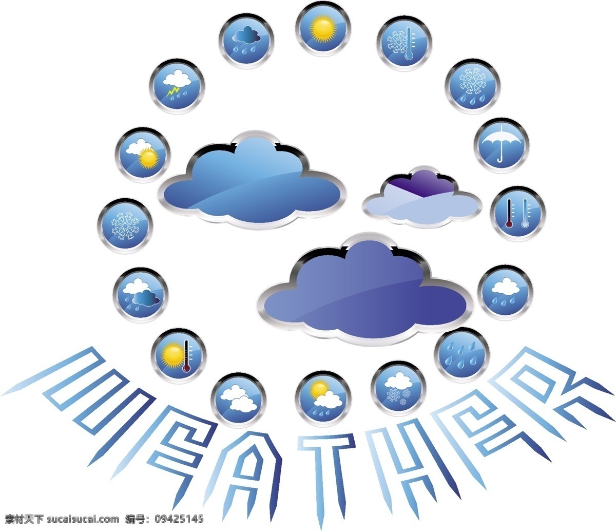 蓝色 矢量 天气 图标 云 闪电 雷电 雨 阵雨 晴天 太阳 温度计 雨伞 小雪 大雪 气温图标 雨天图标 天气图标 生活百科 矢量素材 白色