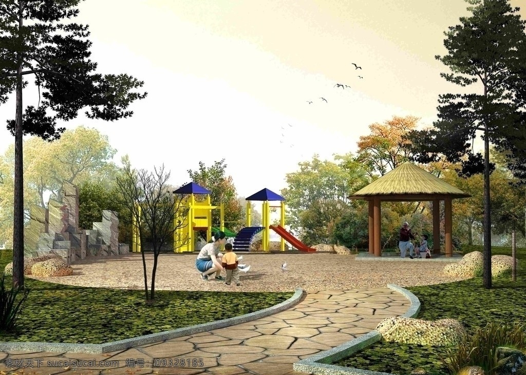 儿童游乐场 景观效果图 绿化效果图 psd素材 沙坑 草亭 景观设计 环境设计 源文件