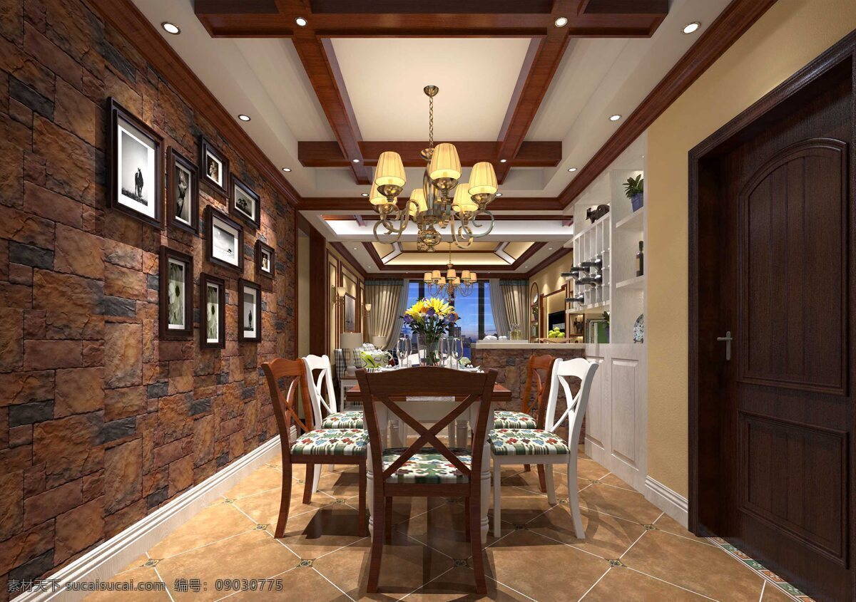 现代 风格 客厅 板砖 图案 背景 墙 室内装修 效果图 瓷砖地板 客厅装修 暖黄色吊灯 木制餐椅