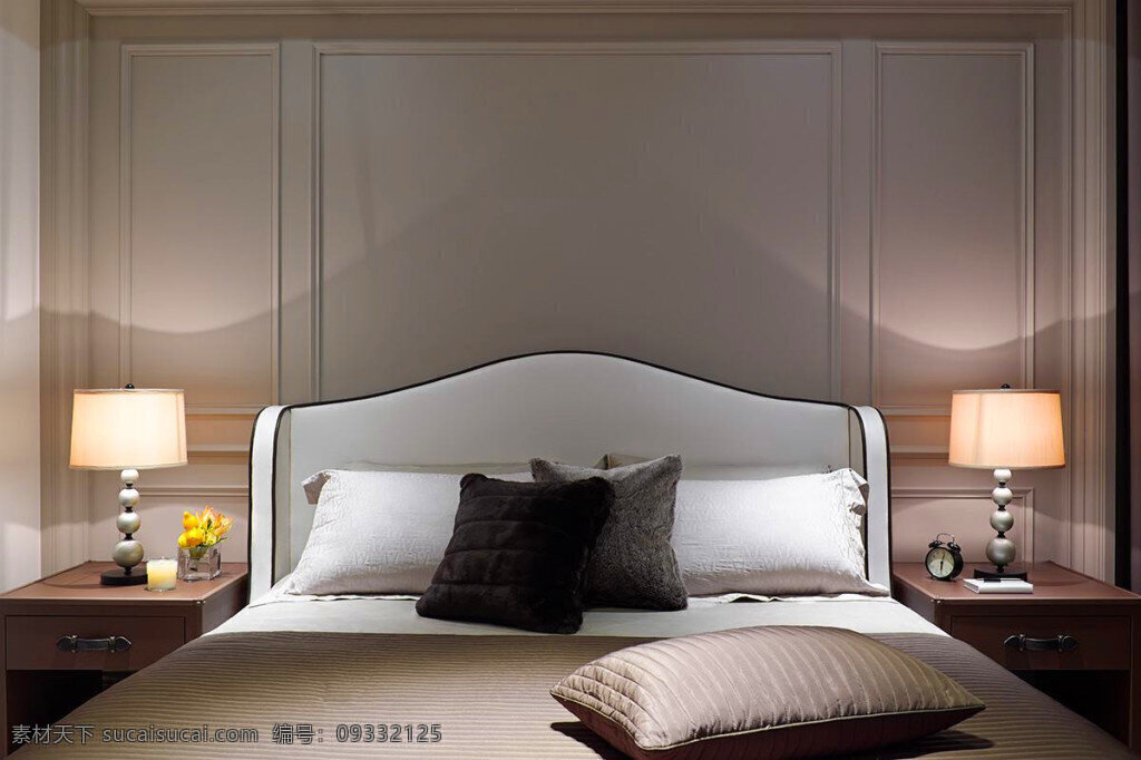 简约 卧室 床头 灰色 背景 装修 效果图 白色灯光 床铺 床头柜 台灯 枕头