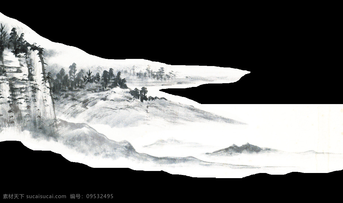 组 中国 风 水墨 山水画 扁平 黑白 朦胧 山水 手绘 云雾 中国风