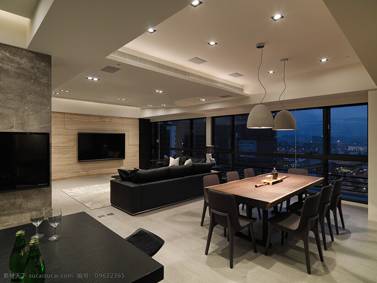 现代 客厅 壁灯 室内装修 效果图 客厅装修 木制餐桌 浅色地板 深色沙发