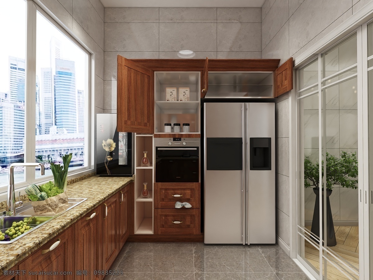 厨房一角图片 高柜 冰箱柜 地柜 电器柜 石英石台面 开放柜 水槽 高清 室 效果图 厨房 3d设计 3d作品