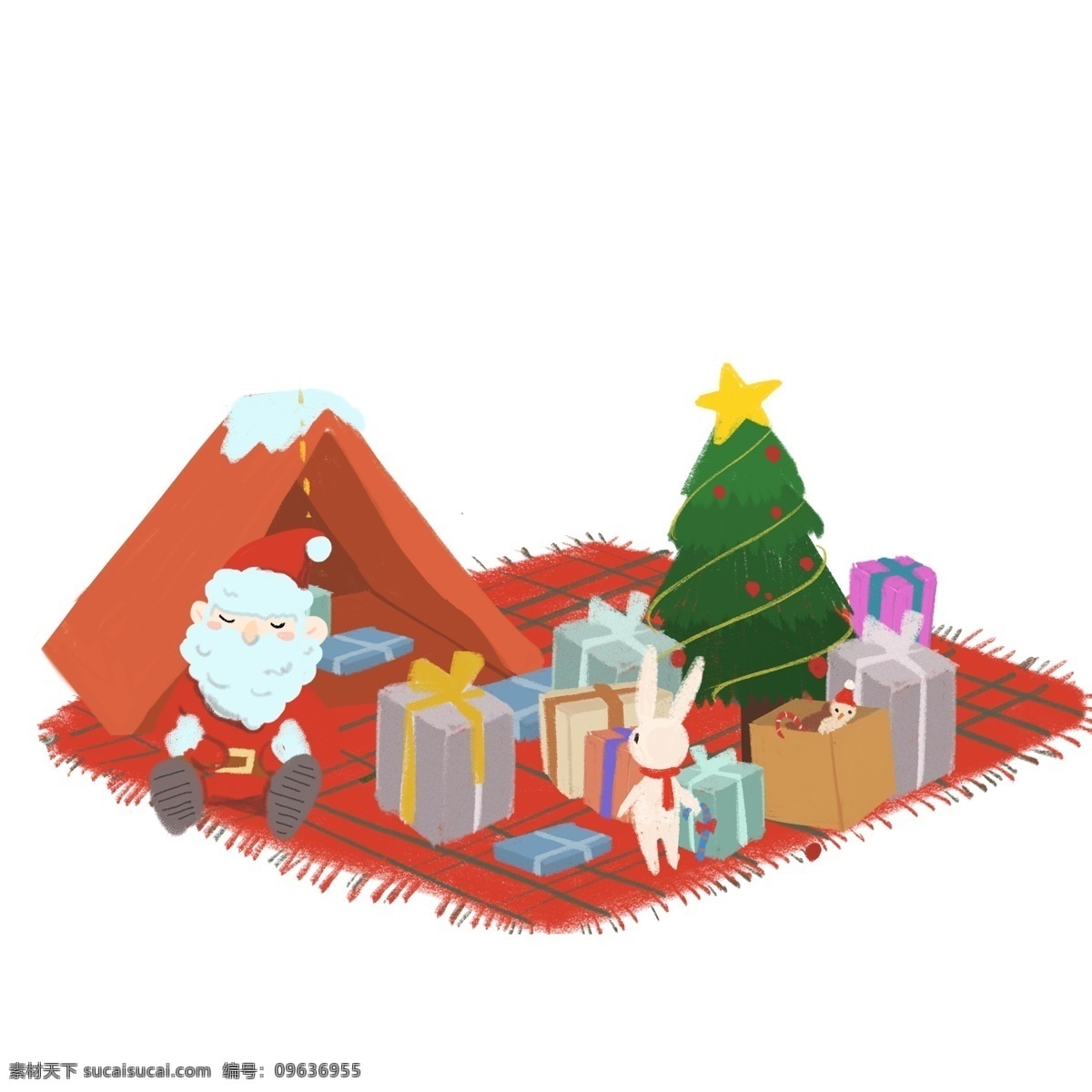 卡通 手绘 露营 圣诞老人 圣诞节 圣诞礼物 插画元素