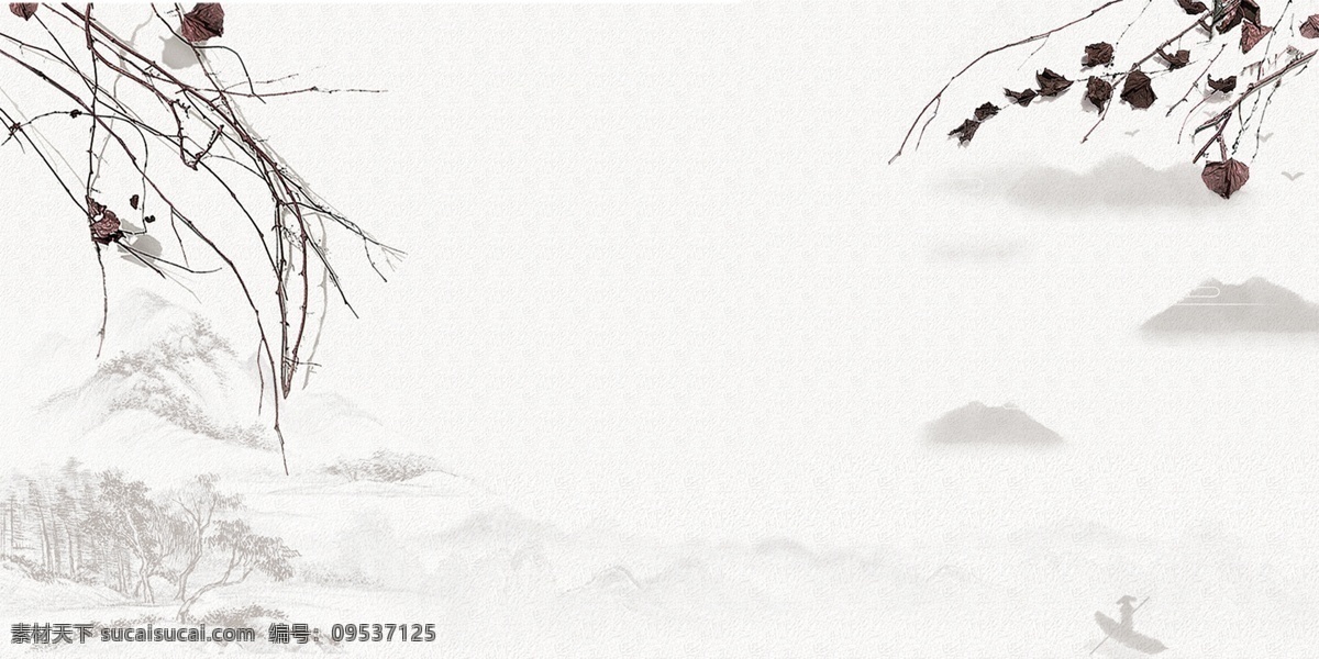中国 风 水墨 山水 背景 插画 风景 地产背景 清新 房地产背景 白色花枝 安静 幸福 横 版 广告背景素材