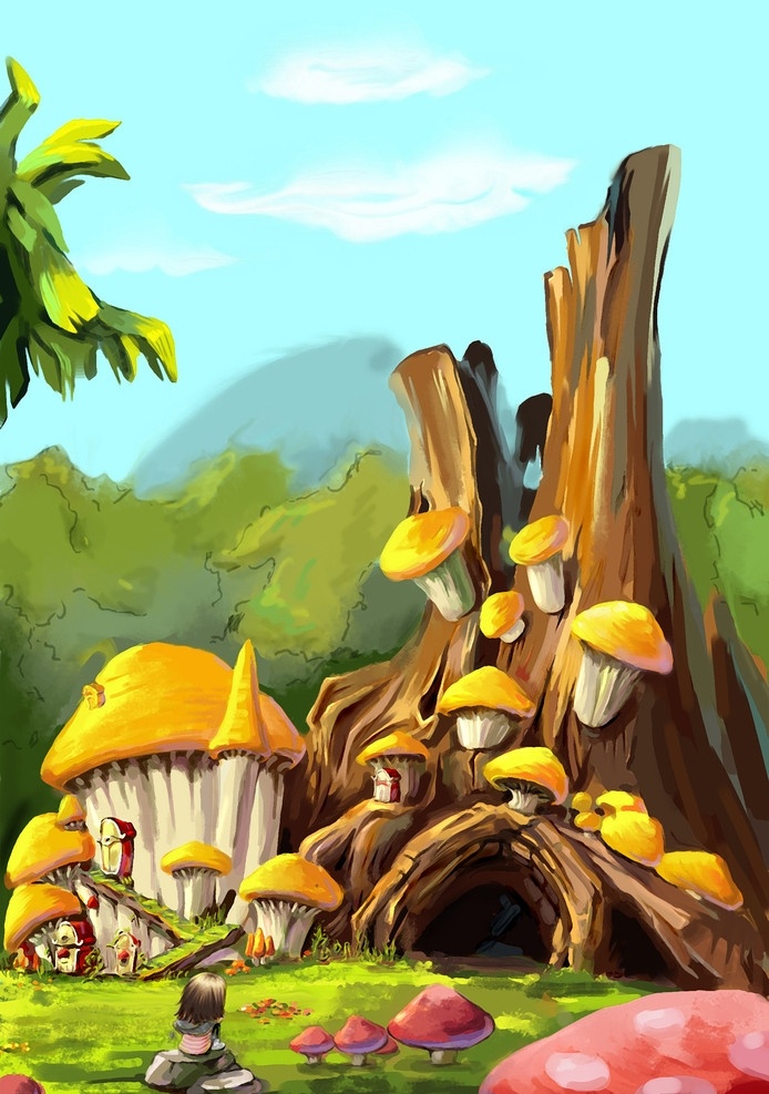 冒险岛 蘑菇 房屋 卡通 趣味 儿童 手绘 绘本 油画 无框画 装饰画 动漫人物 动漫动画