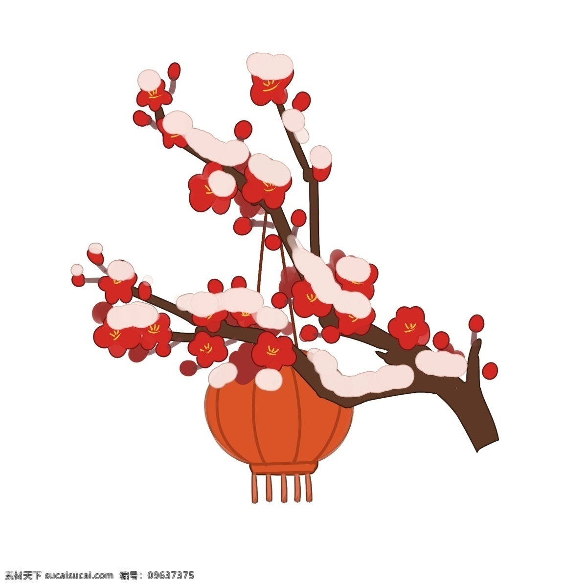 手绘 冬季 雪 压 梅花 树 插画 冬至 灯笼 大灯笼 红灯笼 白雪 红色梅花 梅花树 盛开的梅花 卡通灯笼 梅花插图 灯笼插画