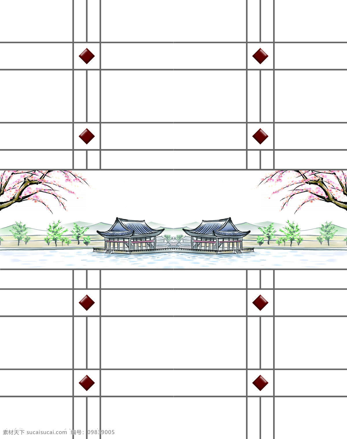 雅致 撩 人 底纹边框 对称 花枝 绿树 桃花 亭子 线条 雅致撩人 横纵 移门图案 家居装饰素材
