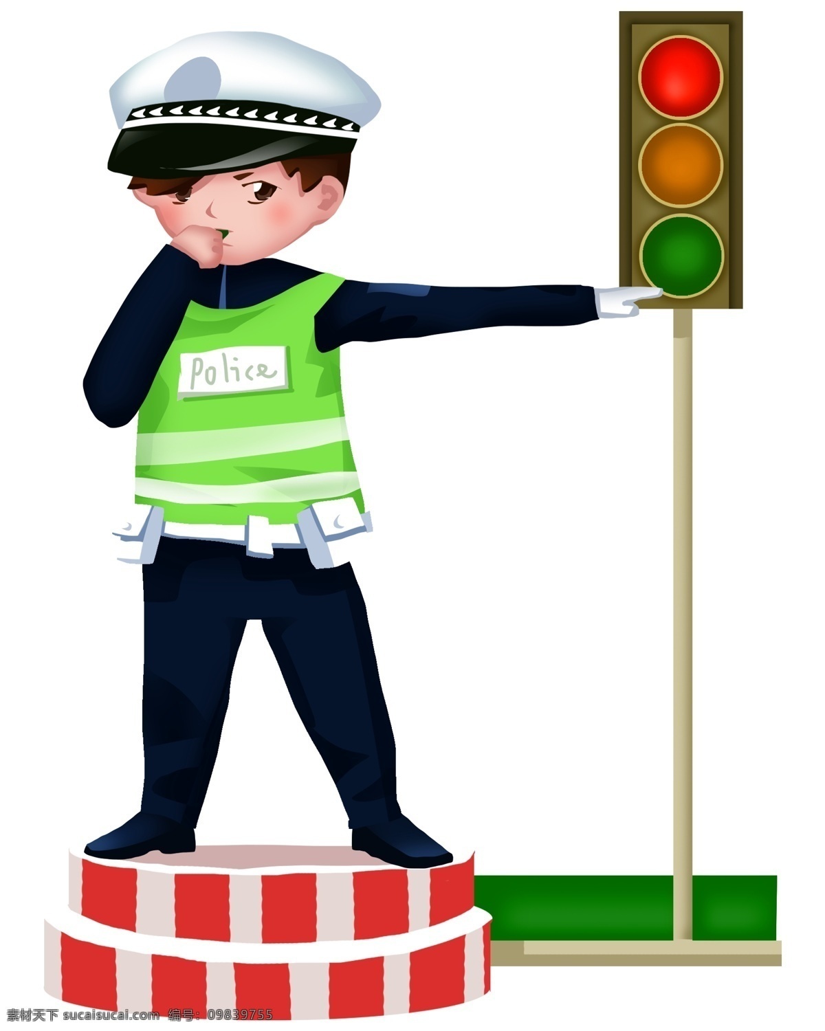 指挥 道路交通 交警 吹口哨的交警 绿色 衣服 黄色的红绿灯 白色 帽子 卡通 人物 插画