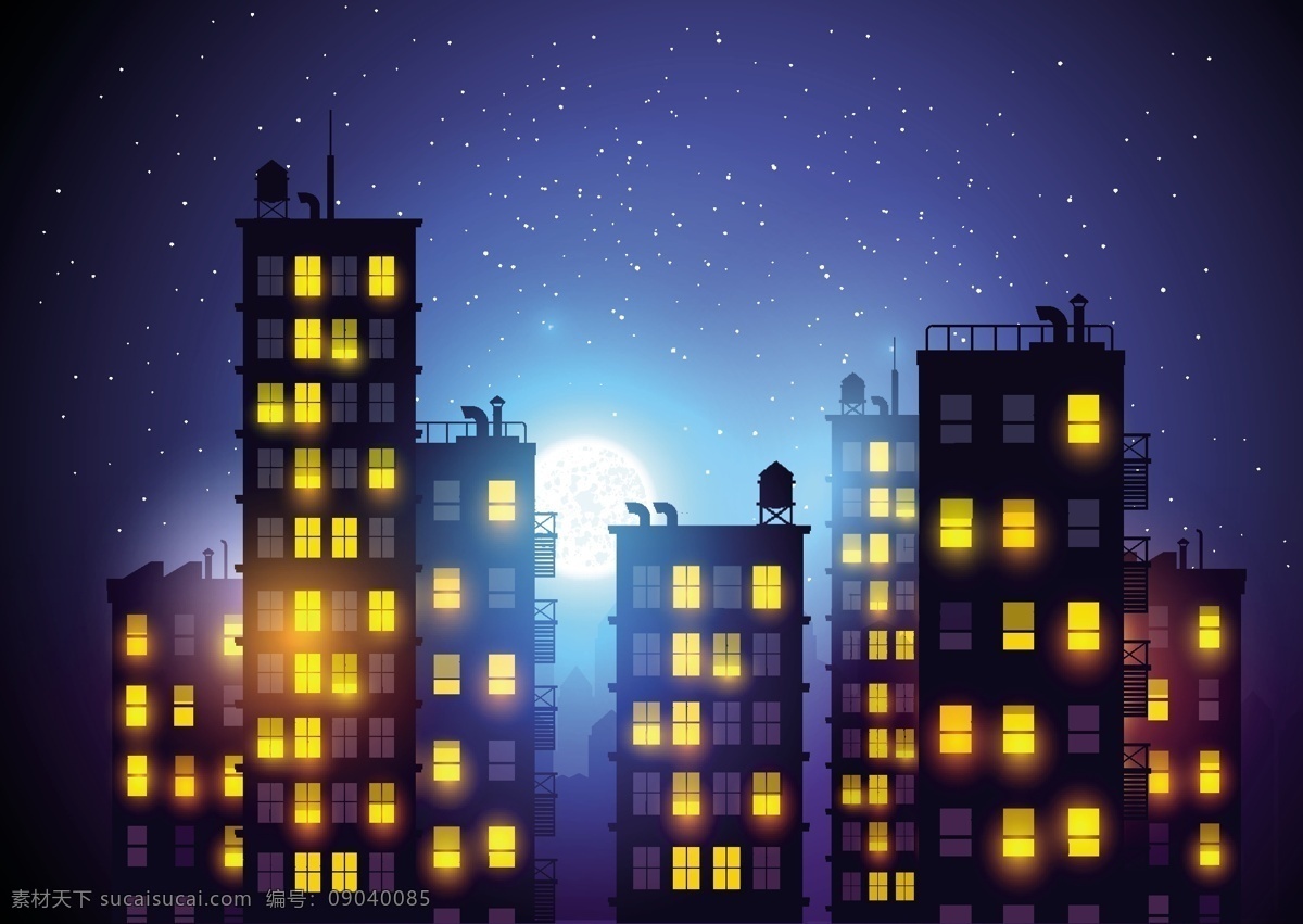城市 午夜 背景 矢量 夜晚 星空 建筑 楼群 灯光 月亮 矢量图 黑色