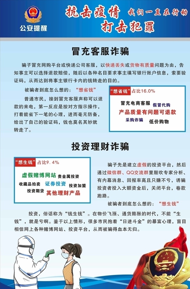 抗击疫情 打击犯罪 疫情防控 疫情 防诈骗 宣传 海报 公告栏 公安提醒 安全防范 理财诈骗 网购诈骗 展板