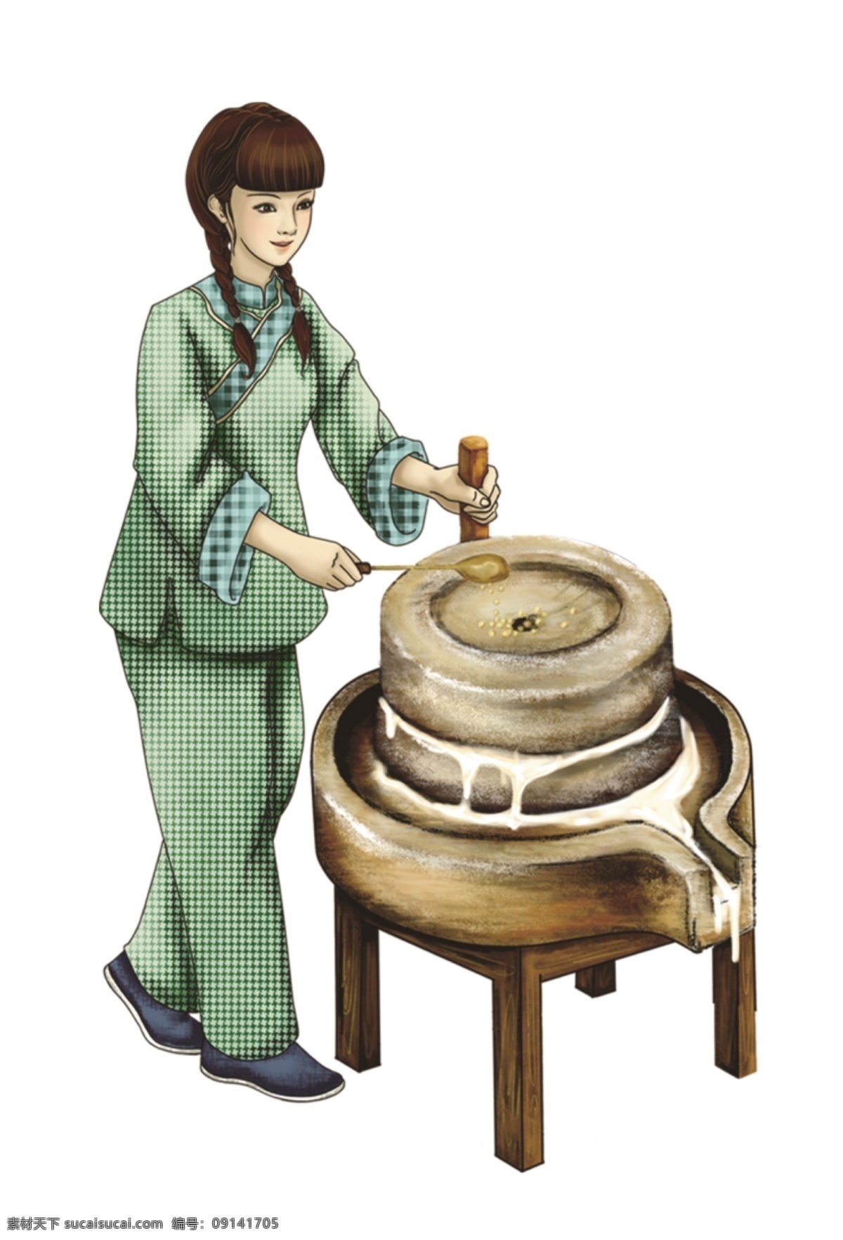 磨豆女 女孩 石磨 手持勺女孩 磨豆浆 卡通类 分层