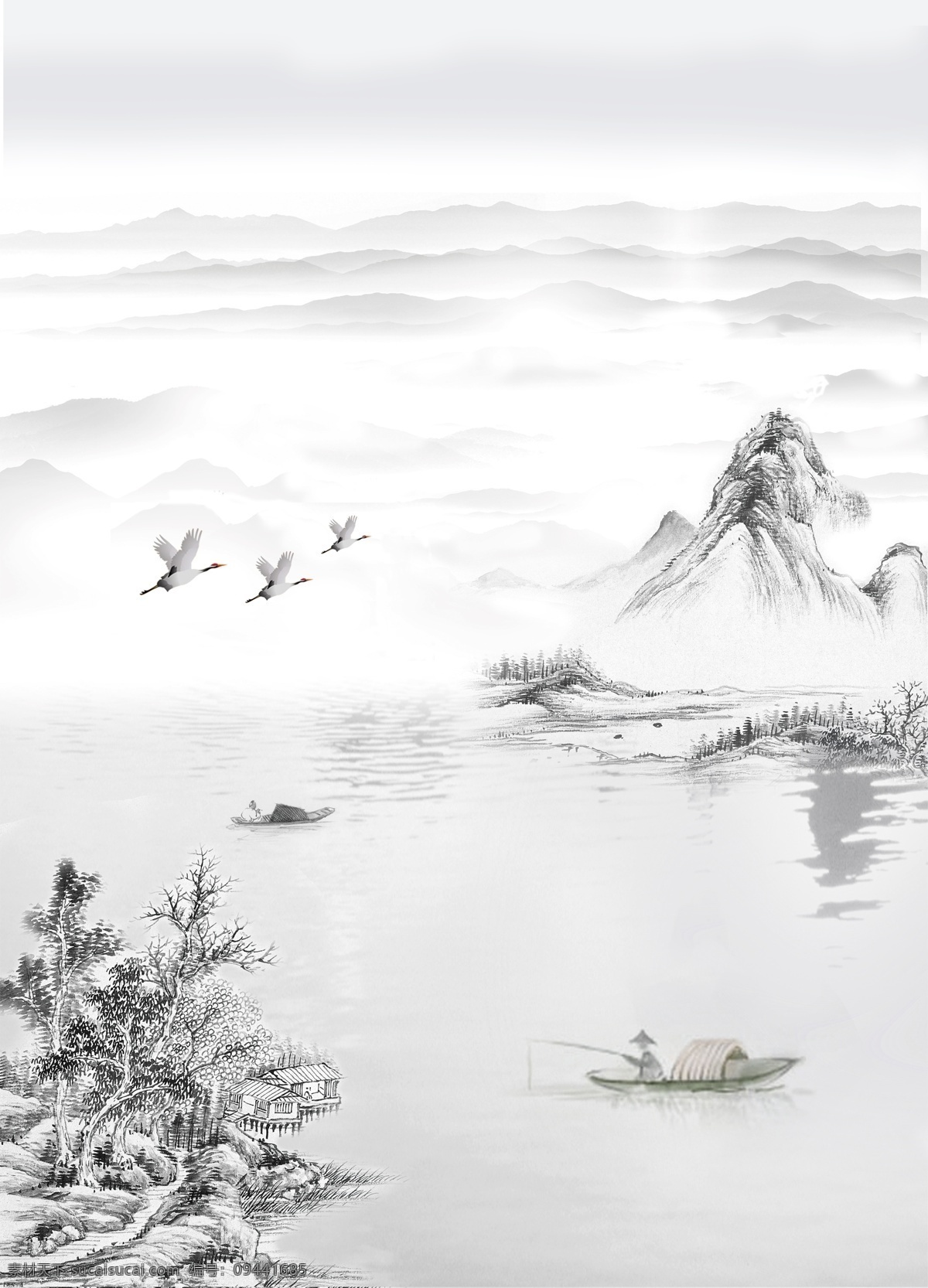 水墨背景图 手提袋背景图 水墨山水画 白色