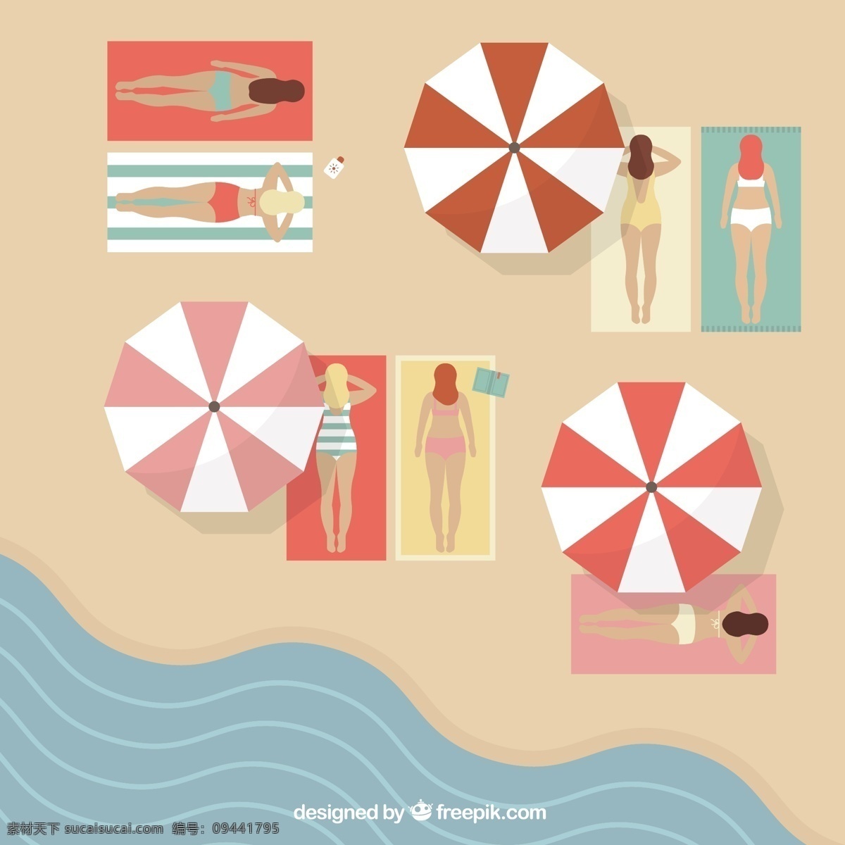 沙滩 日光 浴场 俯视图 女子 大海 夏季 遮阳伞 日光浴 沙滩毯子 矢量图 ai格式 黄色