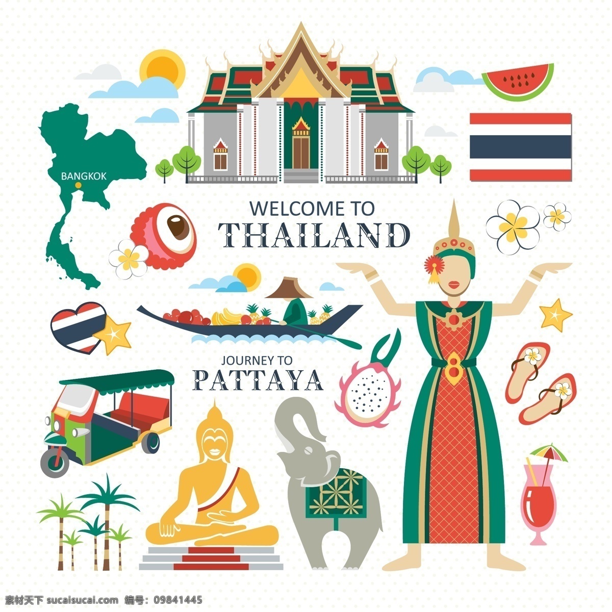 扁平 趣味 泰国 元素 插画 动物 佛像 建筑 旅行泰国 人物 水果