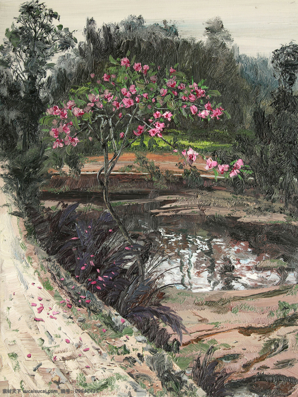 风景 花木 绘画书法 美术 树木 文化艺术 小道 暮春 油画 乡野 植物 油画艺术 油画作品41 家居装饰素材
