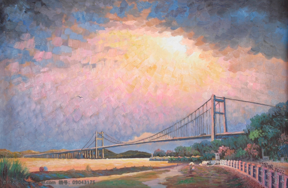 大桥 风光 风景 红色 虎门大桥 绘画书法 太阳 原创油画 天空 叶国球 珠江 虎门 油画 文化艺术 装饰素材