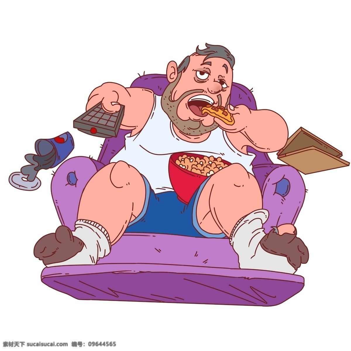 宅 在家 看 电视 男孩 红色的美食 灰色的笔记本 卡通人物 紫色的沙发 男 人物 手绘 插画 黑色的遥控器