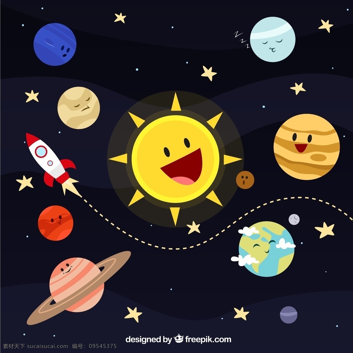 太阳系星球 太阳系 星球 水星 金星 地球 火星 木星 土星 天王星 海王星 火箭 星星 星体 太阳 飞行轨迹 太空 宇宙 插画 背景 海报 画册 平面素材 黑色