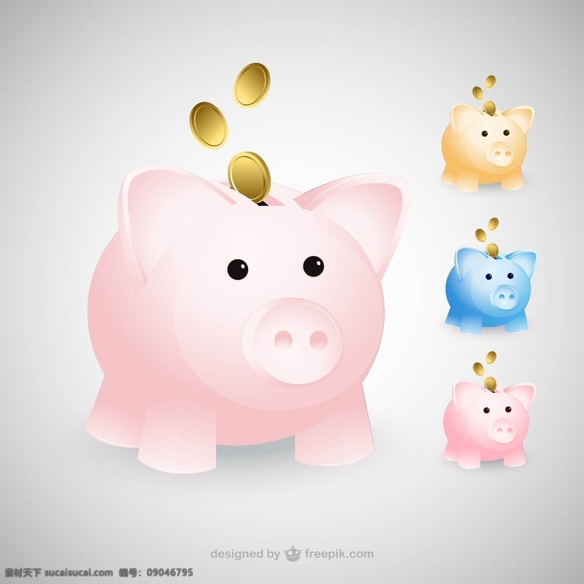 彩色 猪 储蓄罐 矢量 存钱罐 小猪 金币 金钱 金融 动物 家畜 插画 背景 海报 画册 白色