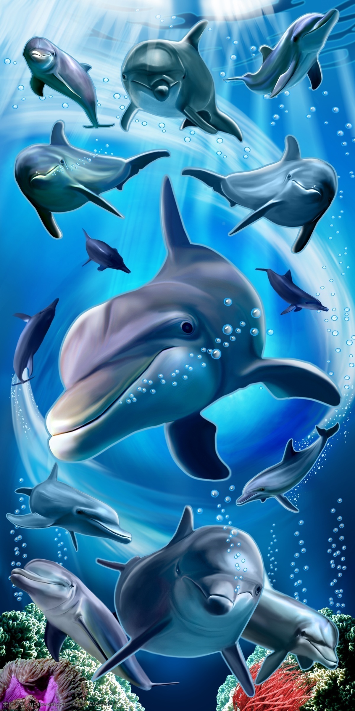 海豚 家族 高清 分层 背景 光线 珊瑚 海草 海底世界 海鱼 阳光 游 蓝色 兰色 源文件