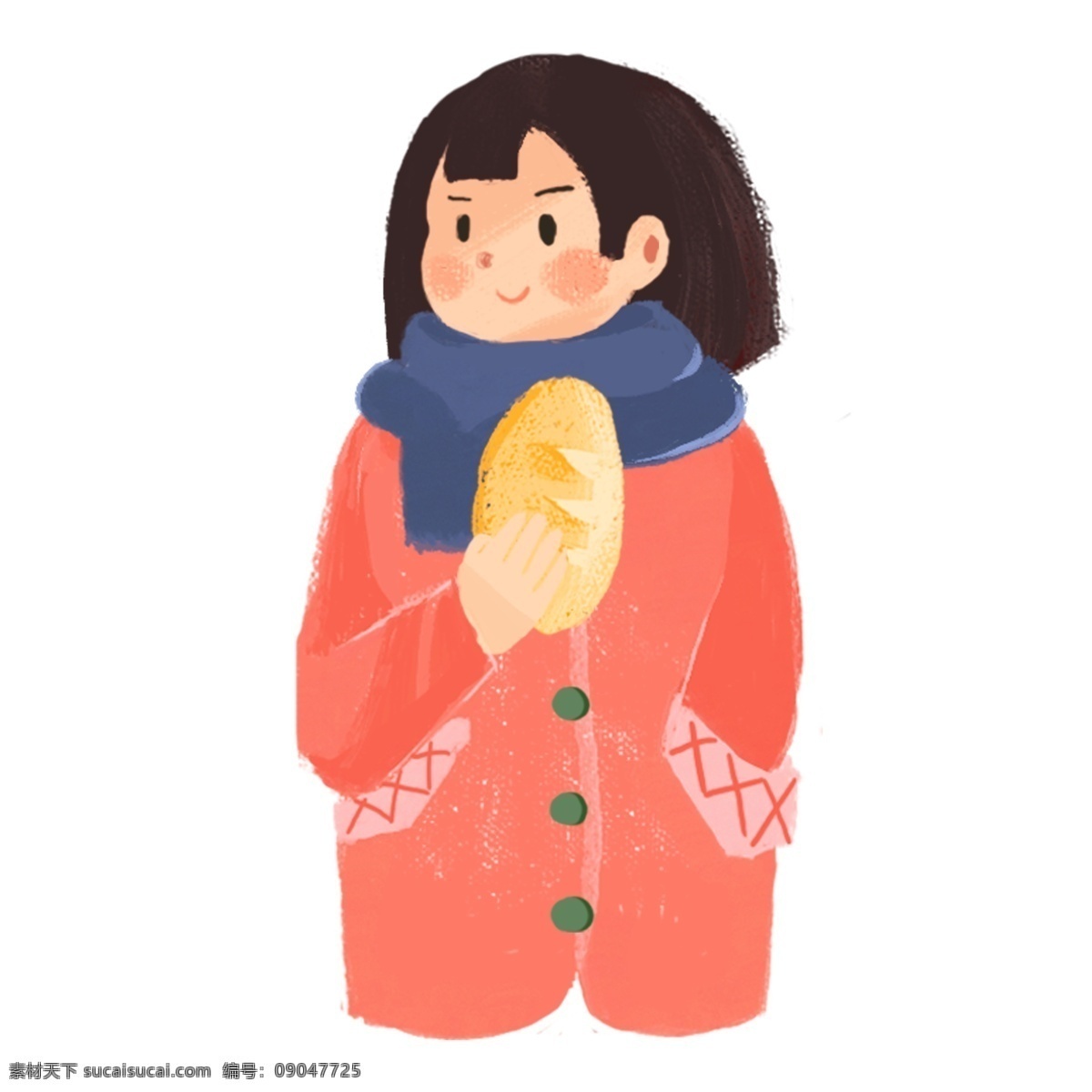 手绘 女孩 包吃 原创 元素 面包 可爱 冬天 设计元素 粉红色 围巾 原创元素