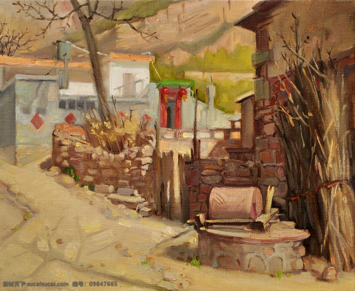 房屋 风景画 绘画书法 美术 农家 山村 山岭 太行 风景 老 墙 新 油画 院子 石磨 树木 油画艺术 油画作品41 文化艺术 装饰素材