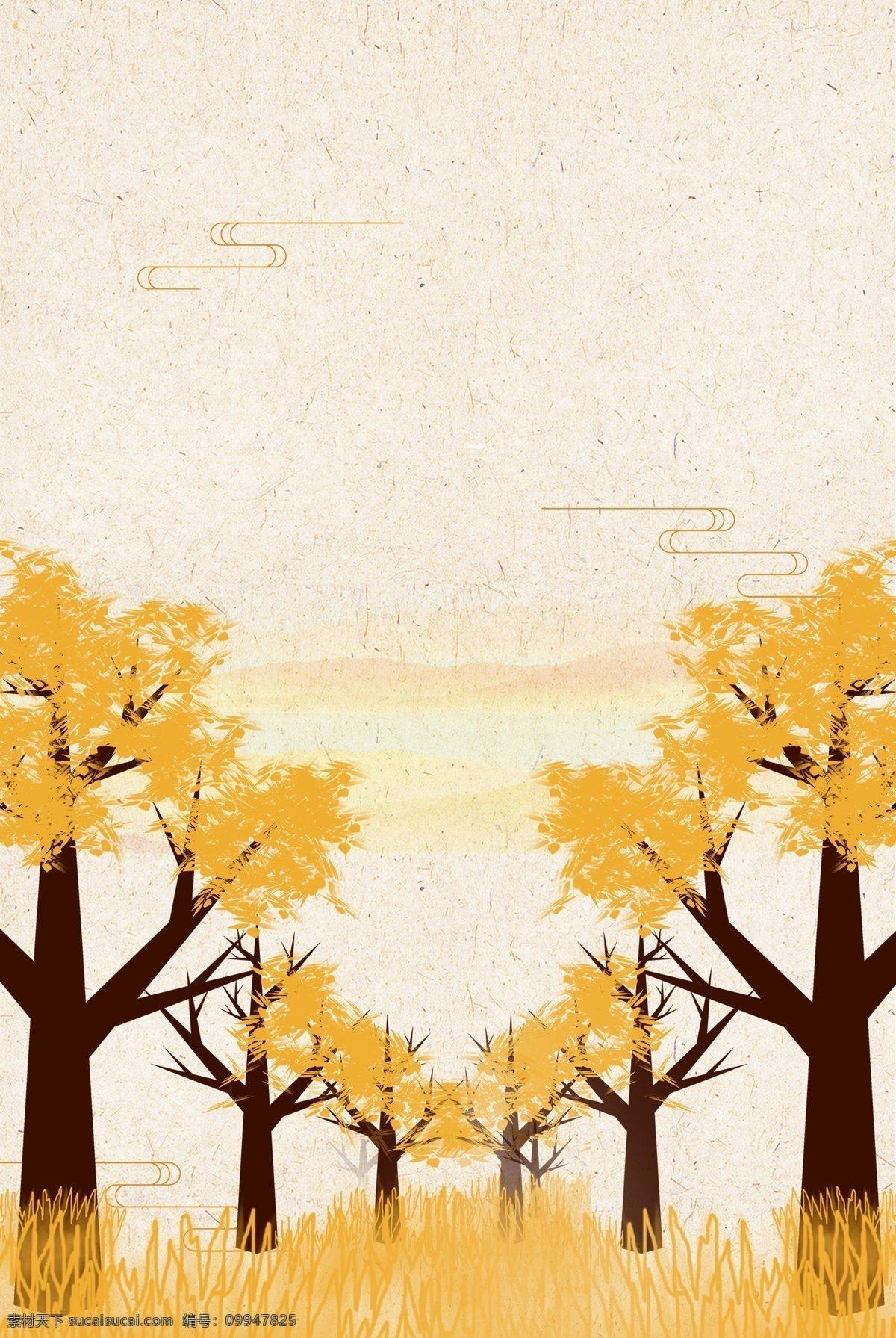 卡通 中国 风 秋分 手绘 森林 背景 海报 中国风 黄色背景 二十四节气 24节气