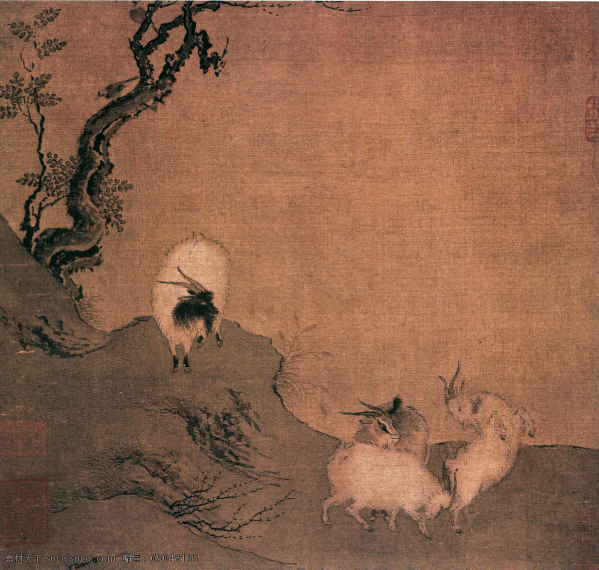 四羊图 花鸟画 中国 古画 中国古画 设计素材 花鸟名画 古典藏画 书画美术 棕色
