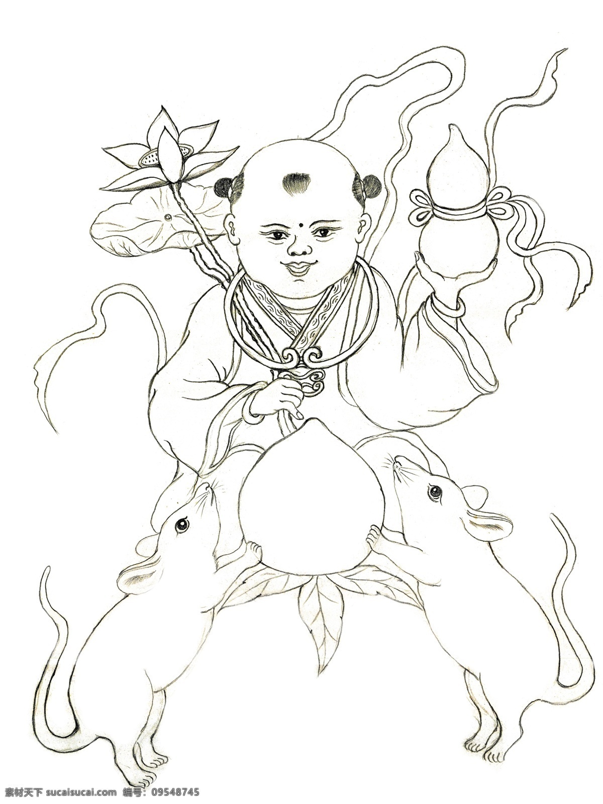 手绘童子老鼠 寿星 人物 手绘 先搞 线描 时代 寿桃 老鼠 花朵 老人 动物 绘画书法 文化艺术