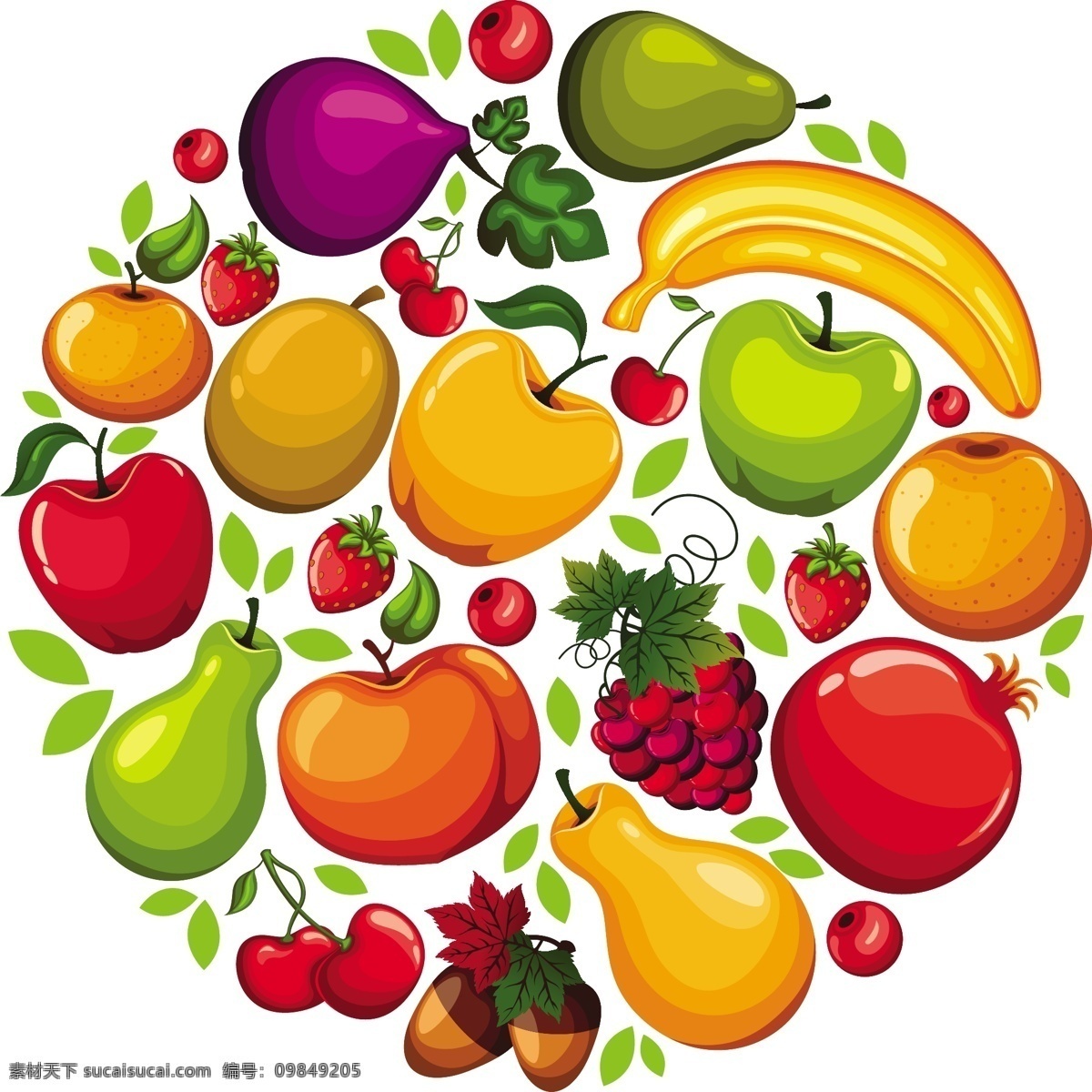 卡通水果 水果 香蕉 鸭梨 苹果 葡萄 石榴 蔬菜 卡通蔬菜 卡通设计 矢量
