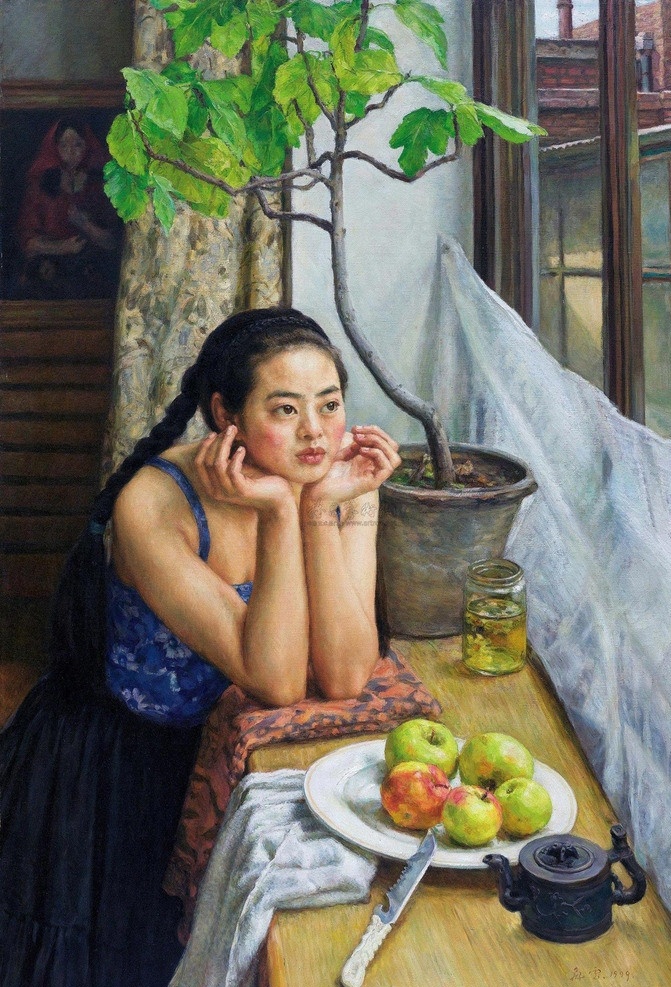 人物油画 著名 肖像 人物 油画 女性油画 美女油画 趴在 窗台 上 女人 盆景 水果 水果刀 茶壶 绘画书法 文化艺术