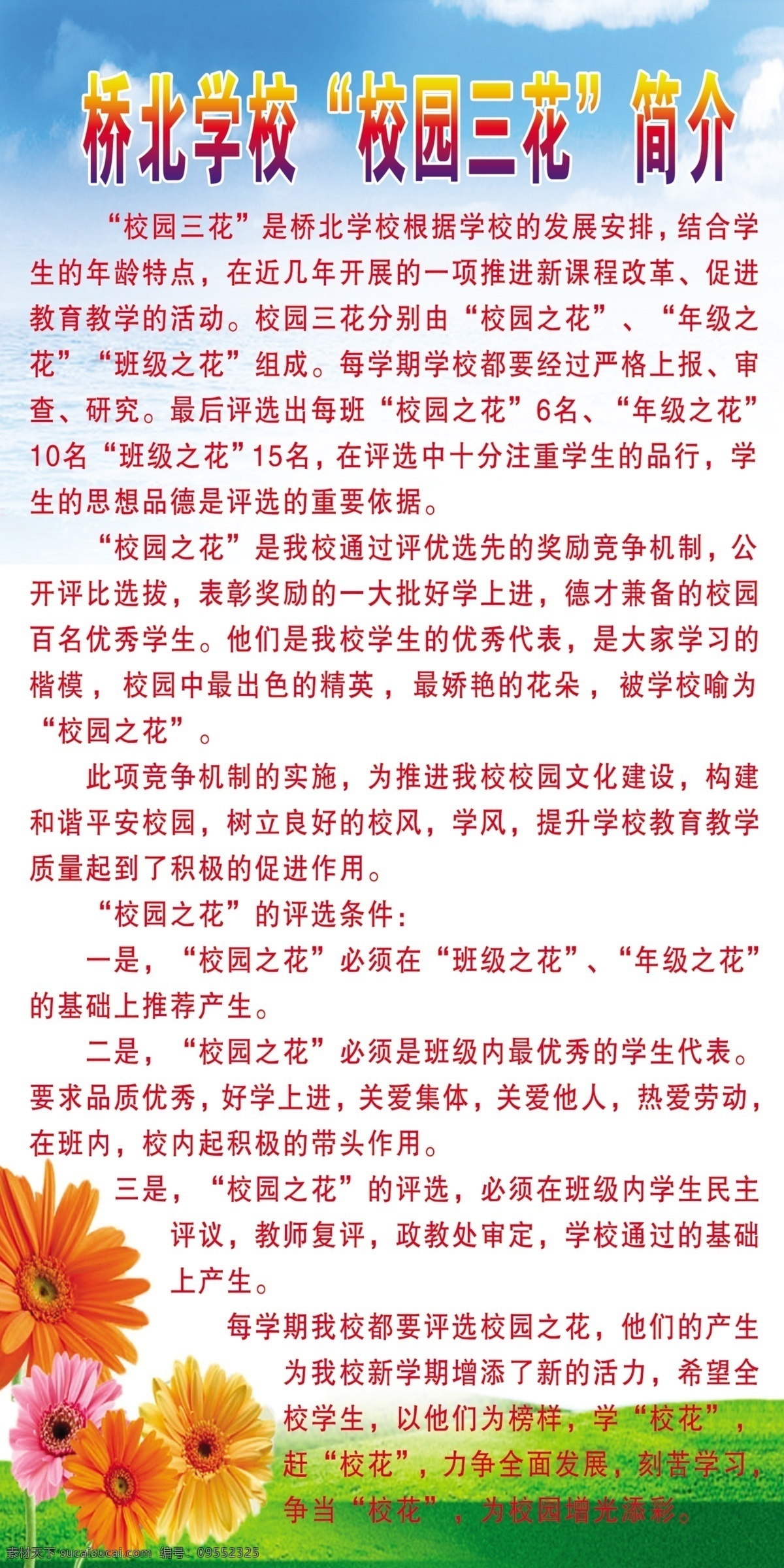 学校展板 蓝天花草背景 校园三花简介 源文件10 mb 分层 源文件库 广告设计模板 展板模板