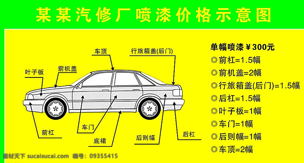 汽车 喷漆 示意图 汽车喷漆 汽车板金部位 喷漆价目表 汽修厂展板 修理厂海报 黄色