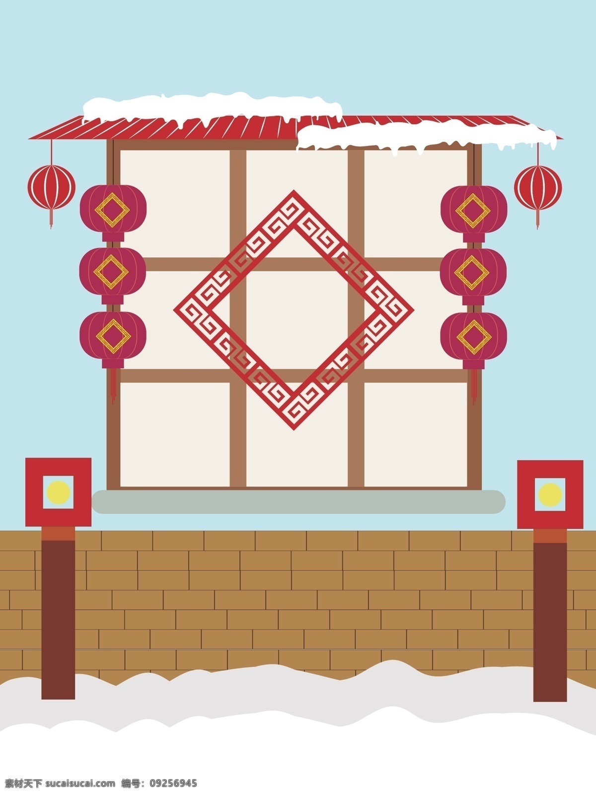 福字 节日 灯笼 喜庆 雪景 背景 窗户 传统花纹