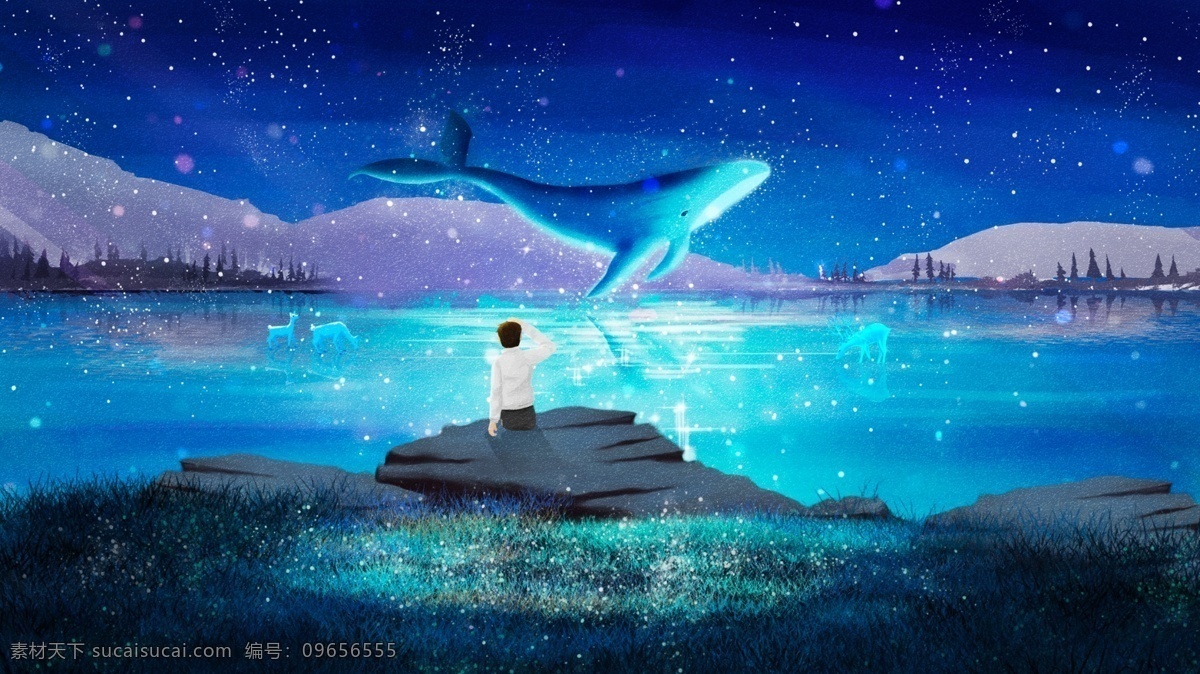 唯美 奇幻 森林 夏季 夜晚 安静 鲸 儿童 男孩 河流 湖边 湖景 鹿 渐变 莲花 梦幻 宁静 唯美插画 插画 水彩 电商 淘宝 背景 春天 花草 画 蓝色 绿色 明信片 清新 手绘 树 浪漫 风景 日出 小清新 治愈系