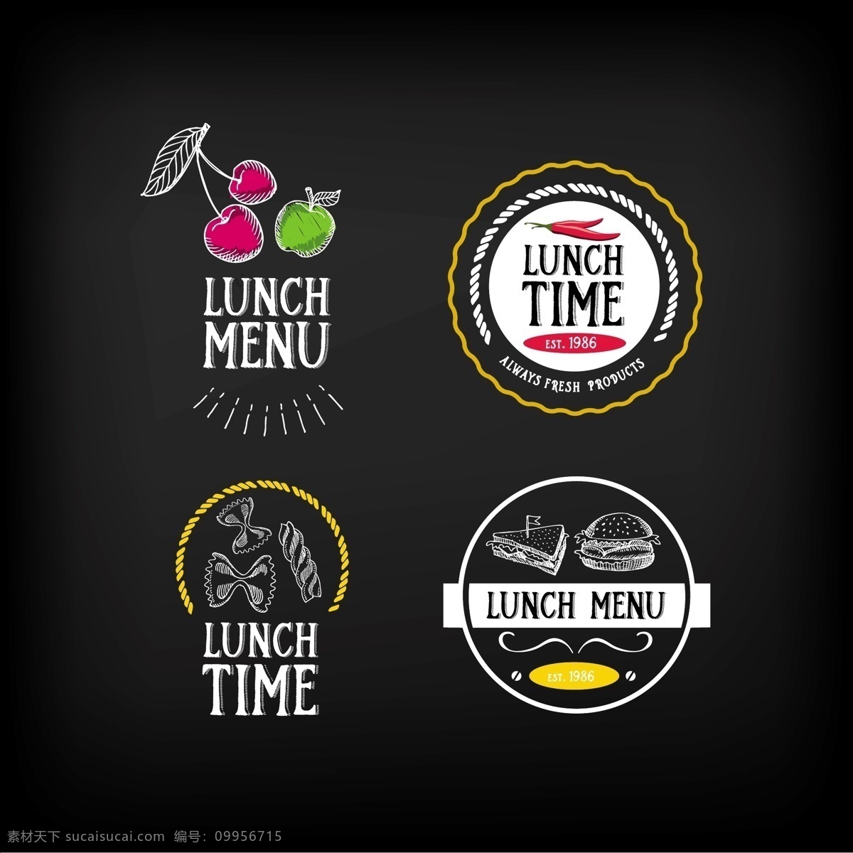 水果 午餐 菜单 标志 logo 矢量 圆形 汉堡 卡通 粉笔画 手绘 线条 白色 美食 装饰