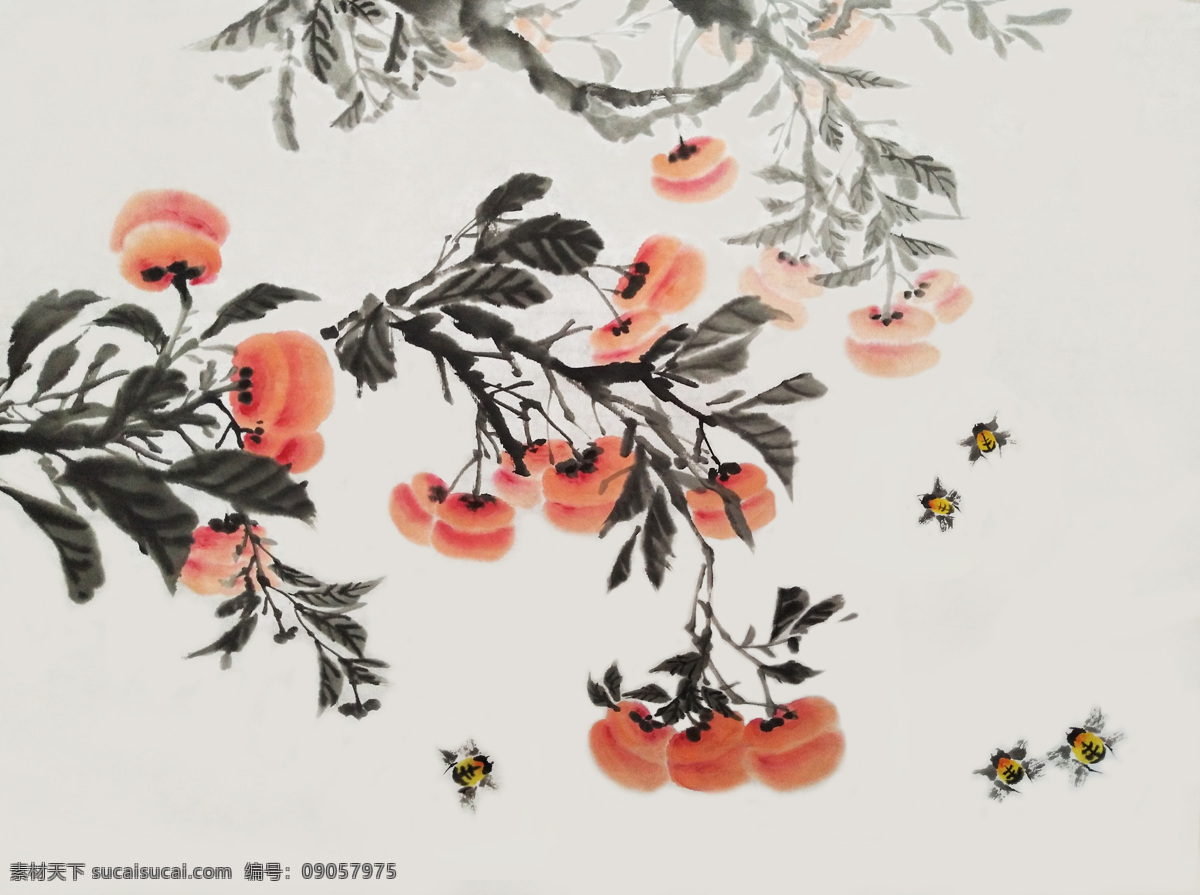 柿子 水墨 水彩 复古 背景 海报 素材图片 古风背景