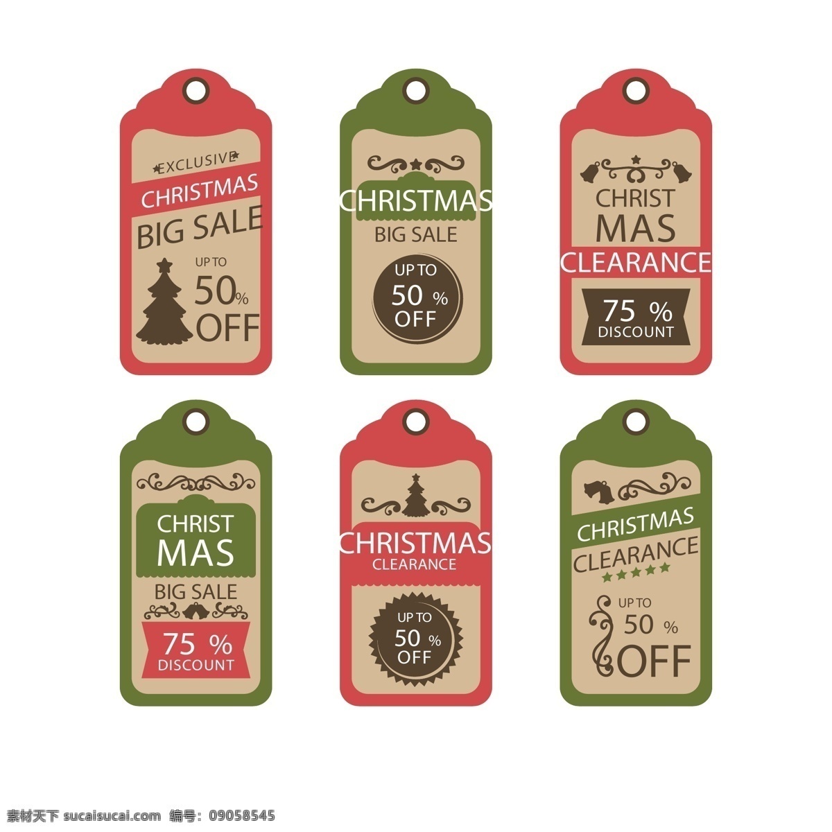 复古 经典 圣诞节 标签 圣诞树 促销 矢量素材 欧美风 优惠 英文